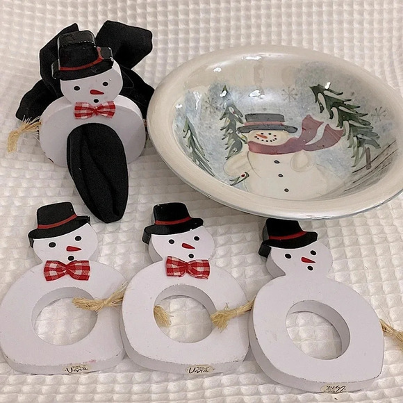Vintage Vera Neumann Snowman Napkin Holders & Snowman Bowl - Picture 1 of 9